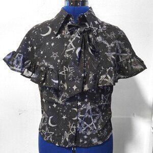 Collared blouse with shawl in black and gray pentagrams and moons